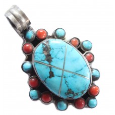 Handmade Pendant Nepal Temple 925 Sterling Silver Turquoise & Coral Gem Stones